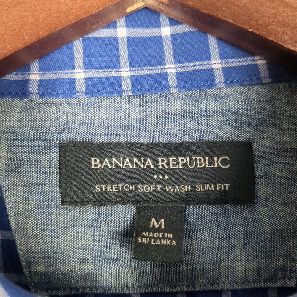 Banana Republic Mens M‎ Blue White Check Stretch Soft Wash Slim Fit Button Shirt